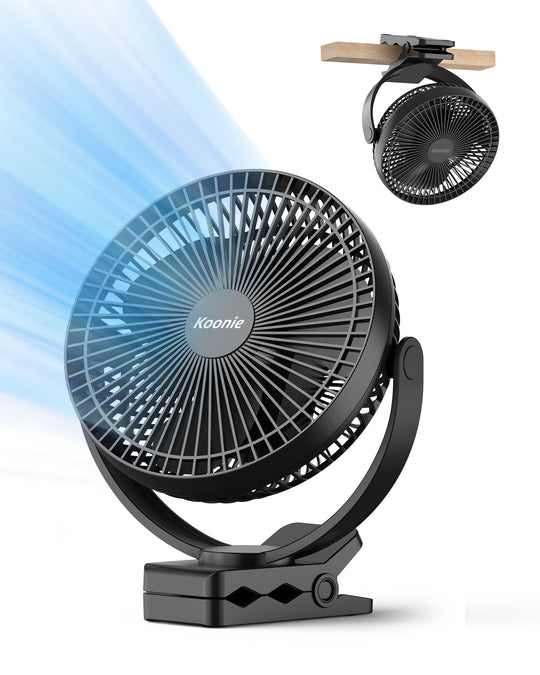 Koonie 10000mAh Rechargeable Portable Fan, 8-Inch Battery Operated Clip on Fan, USB Fan, 4 Speeds, Strong Airflow, Sturdy Clamp for Office Desk Golf Car Outdoor Travel Camping Tent Gym Treadmill,Black