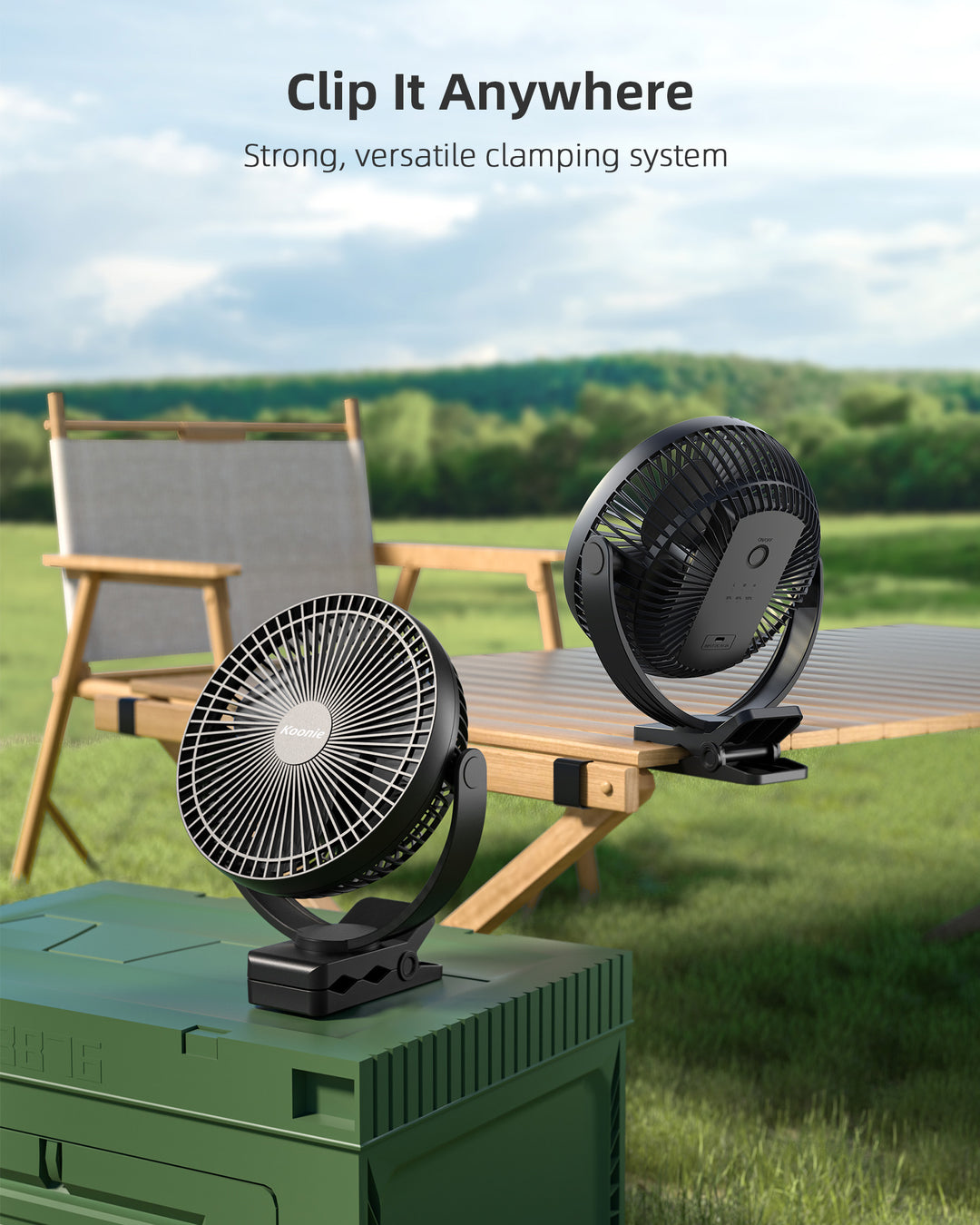 Koonie 10000mAh Rechargeable Portable Fan, 8-Inch Battery Operated Clip on Fan, USB Fan, 4 Speeds, Strong Airflow, Sturdy Clamp for Office Desk Golf Car Outdoor Travel Camping Tent Gym Treadmill,Black