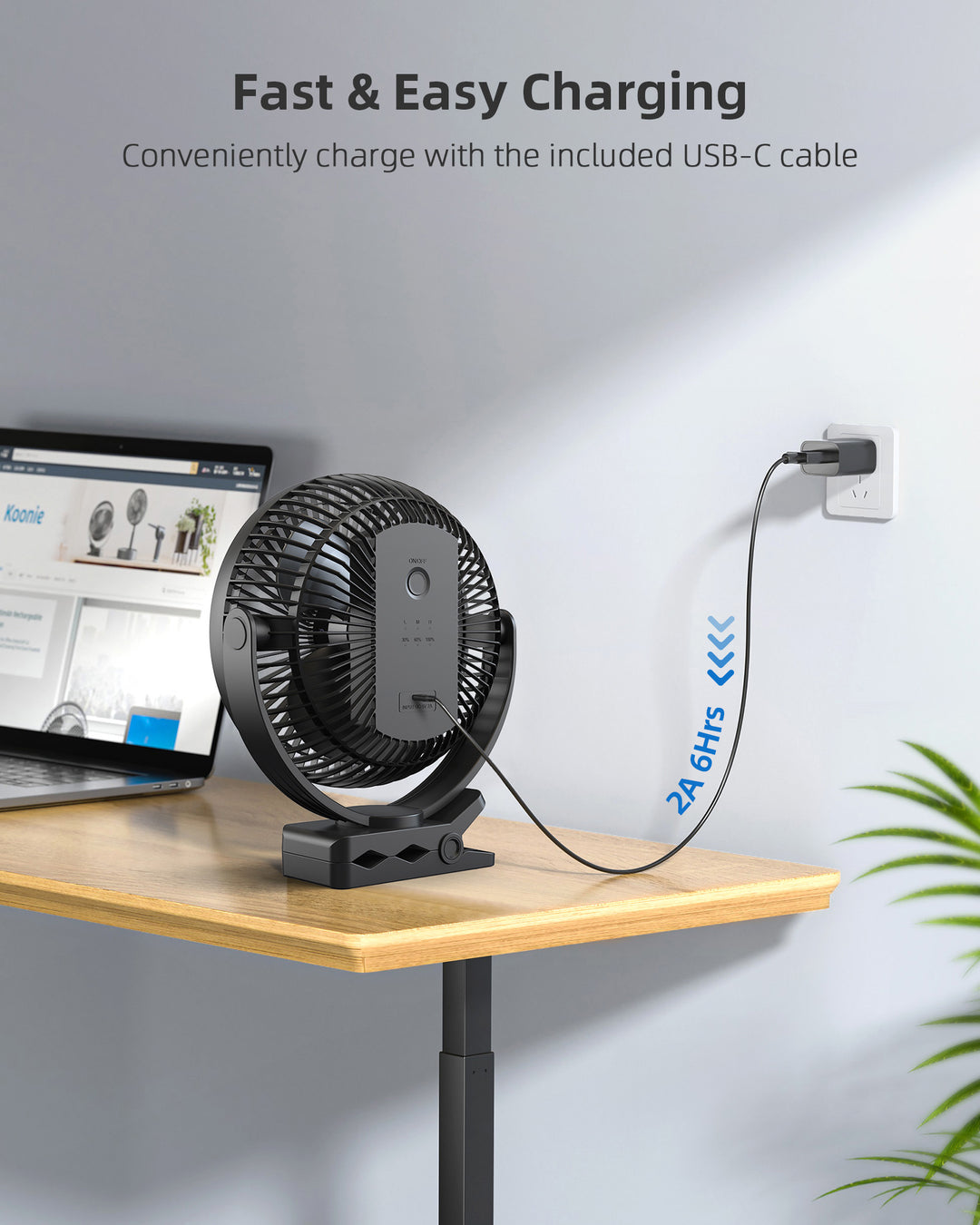 Koonie 10000mAh Rechargeable Portable Fan, 8-Inch Battery Operated Clip on Fan, USB Fan, 4 Speeds, Strong Airflow, Sturdy Clamp for Office Desk Golf Car Outdoor Travel Camping Tent Gym Treadmill,Black